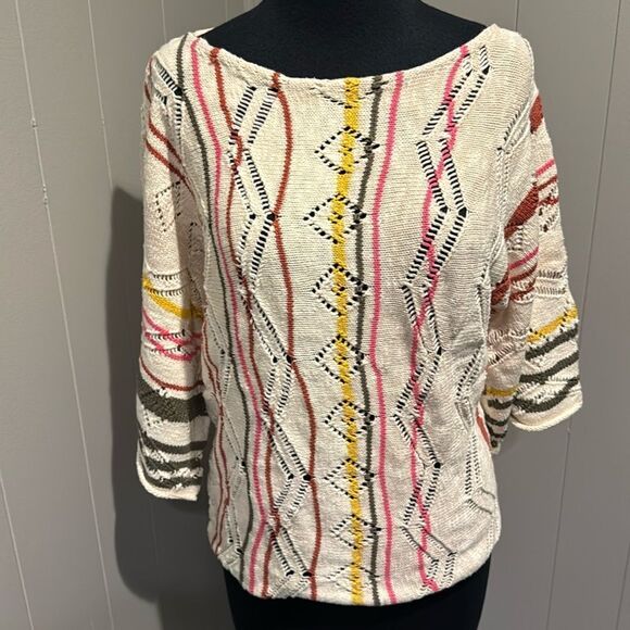 Sundance ivory open geometric knit stripe boatneck dolman short sleeve sweater - Picture 1 of 5